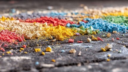 Obraz premium Colorful Chalk Dust Fragments Spread Across Rough Surface in Vibrant Display