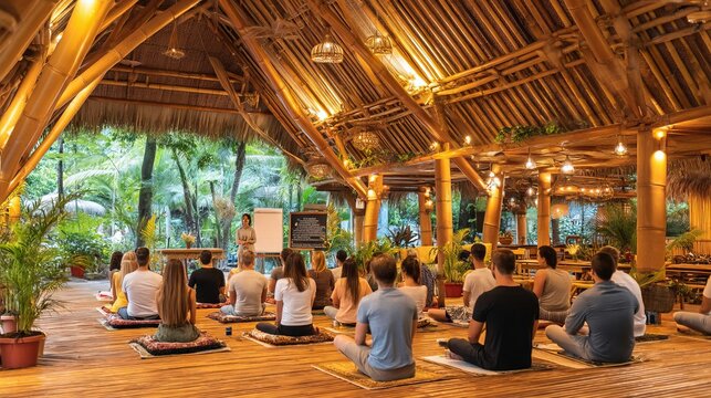 Audience Sitting on Woven Mats in Open-Air Bamboo Structure for Wellness Session
