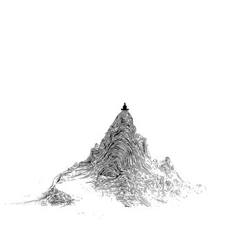 A serene black and white illustration of a person standing on a rugged rocky mountain peak with a temple at the summit conveying solitude and contemplation