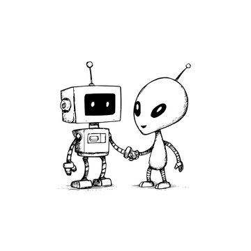 Friendly robot and alien shaking hands in a monochrome illustration with a white background