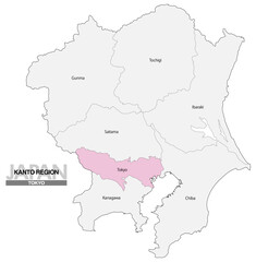 Fototapeta premium [日本地図] 関東地方の東京都の都県名入り位置地図 (英語)