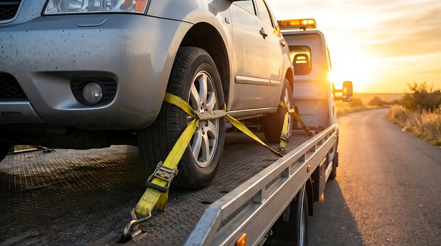 Vehicle breakdown and towing service a silver car awaits assistance on a roadside at sunset