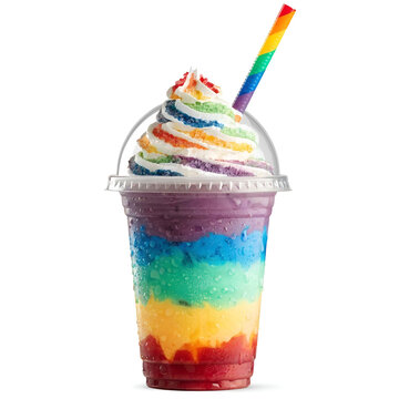 spectacular colorful rainbow milkshake in disposable cup