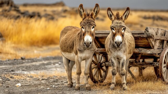 Pair of Donkeys Beside an Abandoned Cart in a Rustic Landscape
