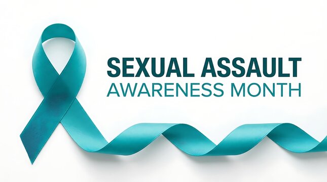 Sexual assault awareness month ribbon illustration with text promoting awareness and support for survivors