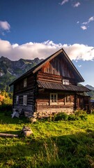 Fototapeta premium Old wooden cabin sits in lush meadow with mountains and blue sky backdrop