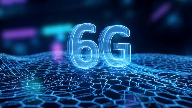 A glowing blue 6G text hovers over a futuristic hexagonal network grid, symbolizing next-generation wireless technology.
