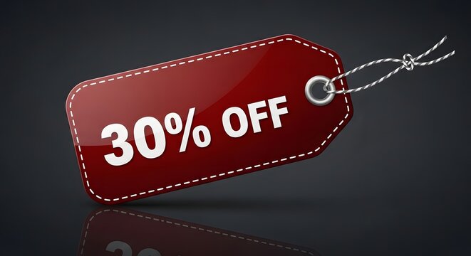 A vibrant red sale tag displays 30 off with a white string and reflection