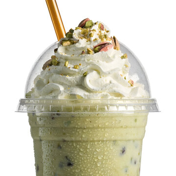 unique pistachio milkshake in disposable clear plastic cup