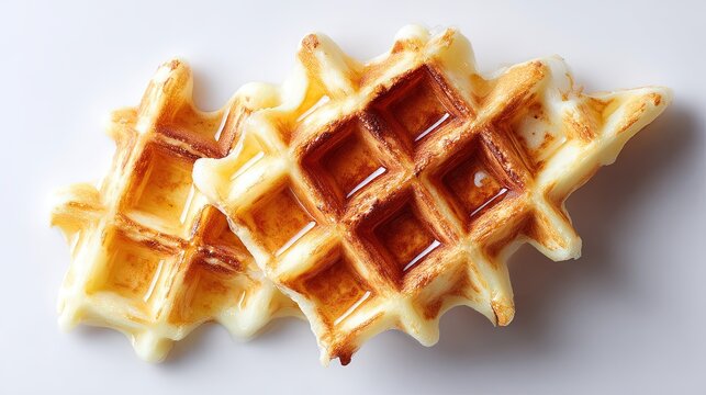 Two golden brown waffles with visible syrup pools resting on a plain white background viewed from a top down angle
