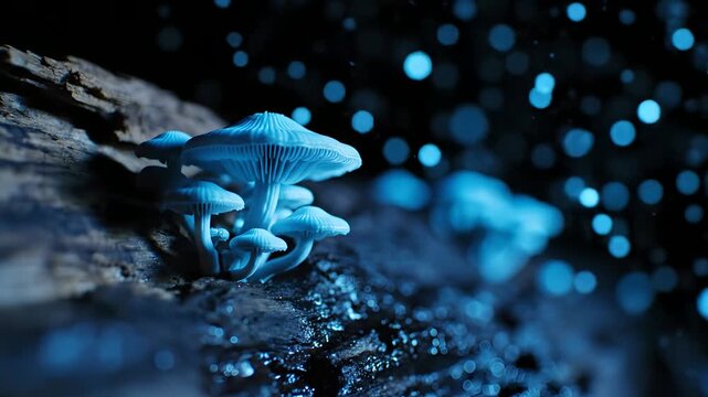 Bioluminescent blue mushrooms growing on damp wood in a dark forest, magical bokeh particles floating, macro shot of fungi gills, fantasy nature and scientific discovery concept.