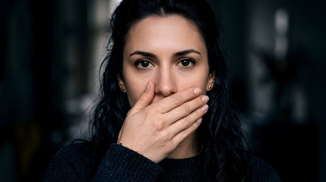 Portrait of a woman covering her mouth with hands, demonstrating the speak no evil gesture. Conceptual image about silence, censorship, secrets, and suppression of voice in modern society.