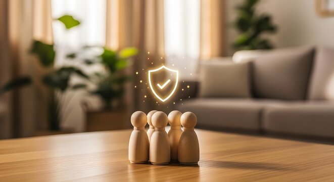 Wooden figures are protected by a glowing shield symbol on a living room table