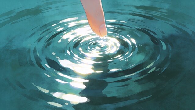 Finger touching water surface creating ripples light reflection