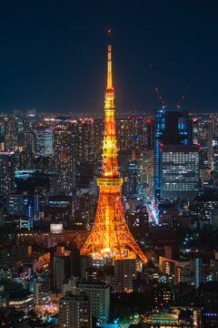 東京都港区 六本木ヒルズから望むライトアップされた東京タワーと大都会の夜景