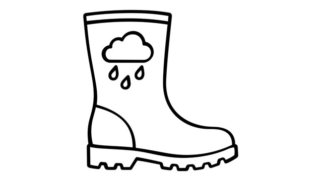 Minimalist rubber rain boot vector icon illustration featuring a cloud and raindrops motif. Scalable flat line art design perfect for weather, autumn fashion, gardening, and footwear themes.