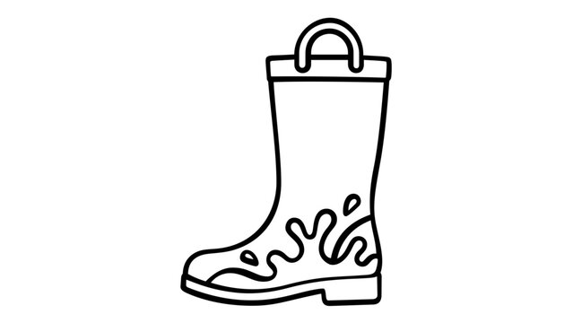 Minimalist black and white vector illustration of a rubber rain boot line icon with a handle and splash pattern, perfect for weather, gardening, or outdoor footwear designs. Scalable flat art.