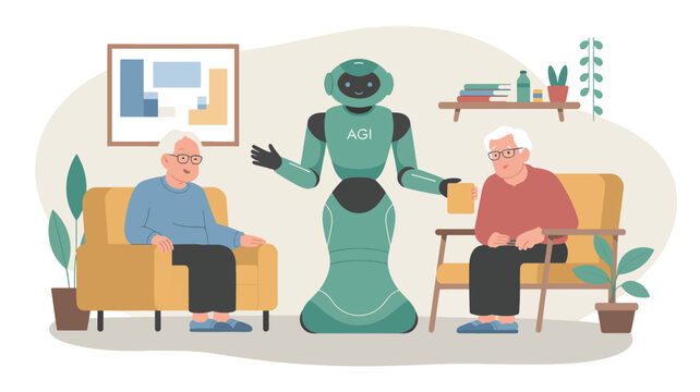 Green agi robot serving a cup to an elderly couple sitting on armchairs in a cozy living room scene