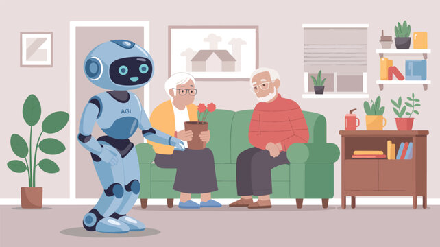 Blue agi robot presents a potted flower to an elderly couple sitting on a green sofa in a seniors