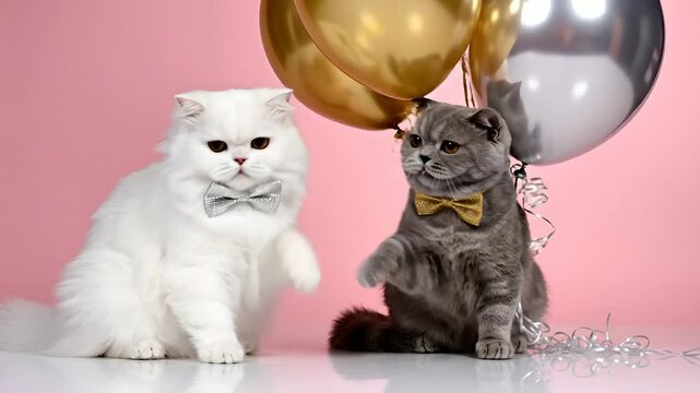 White Persian and grey British Shorthair cats in bow ties posing with balloons on pink backdrop. Festive pet party celebration concept for birthdays, anniversaries, or greetings.