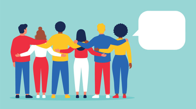 A diverse group of people standing arm in arm. The image displays a sense of togetherness and support, with speech bubble