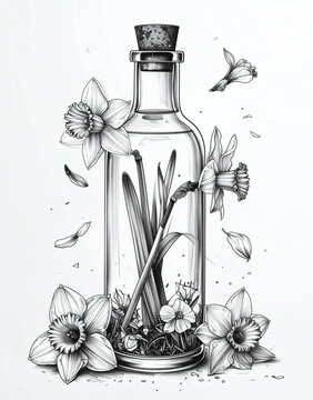 Botanical Glass Bottle with Daffodil Flowers, Minimalist Black and White Line Art Illustration