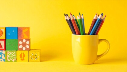 Fototapeta premium Yellow Mug with Colored Pencils and Alphabet Blocks