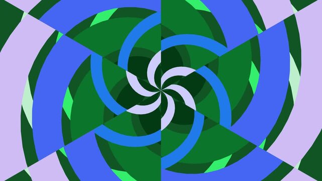 Abstract kaleidoscope pattern with geometric shapes vibrant green blue and lavender color scheme creating a mesmerizing circular swirl effect