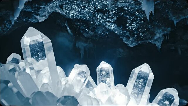 Luminous quartz crystal cluster in a frozen cavern, mysterious glowing minerals with cinematic blue lighting, ethereal ice cave exploration for science and fantasy media.