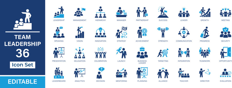 Team Leadership solid icon set. Featuring management, teamwork, strategy, decision making, business leadership, and professional symbols for UI, UX, apps, web, editable and scalable.