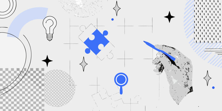 Abstract composition featuring ideas puzzles and elements of discovery
