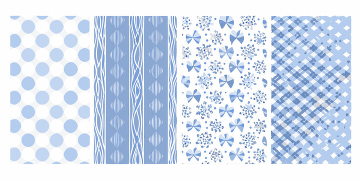 Four blue and white patterned fabric swatches displayed side by side