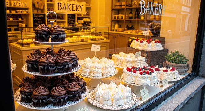 A bakery window display showcasing an array of pastries and cakes, with a variety of colors and textures, set against a backdrop of a bustling city street.