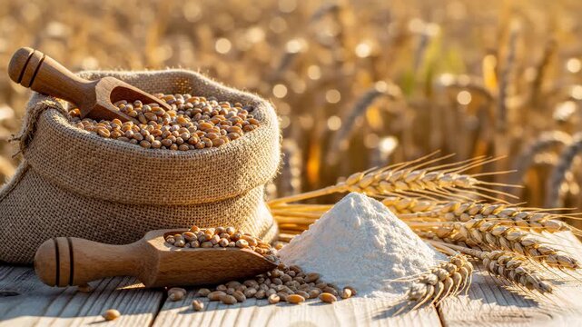 This features a burlap sack overflowing with wheat grains on a wooden table, accompanied by a pile of flour and wheat ears, set against a sunny wheat field background. The scene exudes a sense of