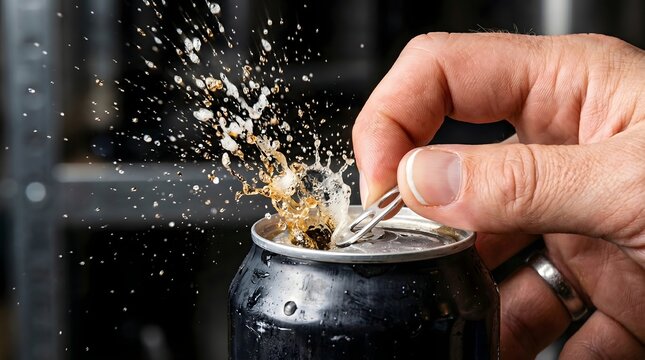 Close up of carbonated cola beverage splashing from open can