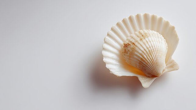 A single white scallop shell resting on a plain light grey surface with soft shadows and intricate ridged texture details