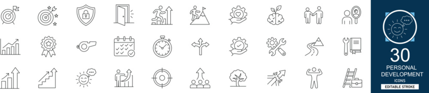 Personal development line icon set with 30 icons: growth, mindset, goal, learning, success, improvement, habit, motivation. Clean linear vector, editable stroke for wellness and education.