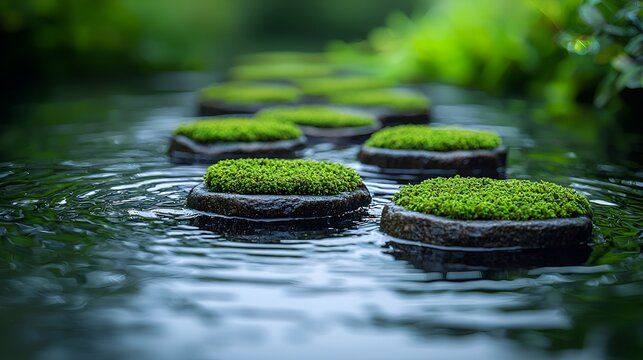 Mossy stepping stones in tranquil water.