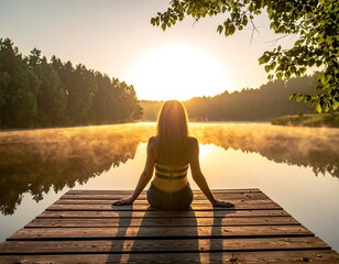 Naklejka premium Woman sits on dock, back to camera, facing a serene lake at sunrise, mist rising