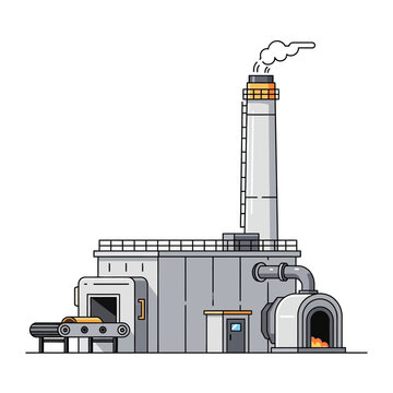 Modern factory building with chimney smoke and conveyor belt, industrial illustration