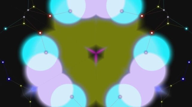 Abstract kaleidoscopic pattern featuring blue white and olive green geometric shapes interconnected by neon lines and glowing dots