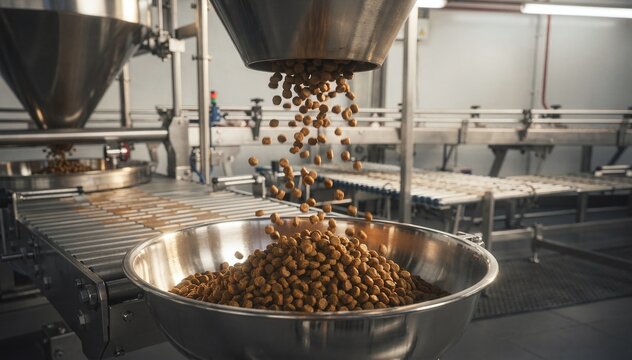 Industrial food processing facility with automated machinery dispensing dry kibble into a large metal bowl, showcasing efficiency and modern production methods