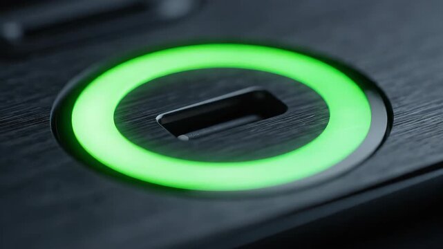 Glowing green brushed USB C charging port ring with blue green LED light dark metal, glowing circular charging ring closeup showcasing modern tech