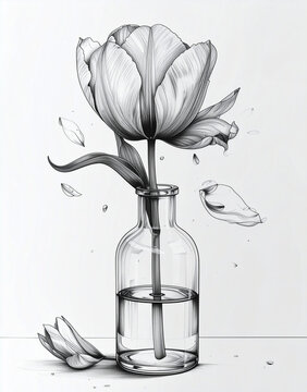 Single Tulip in Glass Bottle, Minimalist Black and White Line Art Illustration