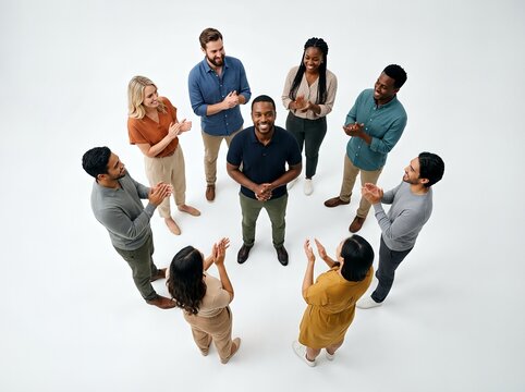 A diverse group of people standing in a circle, clapping hands showing unity and teamwork.