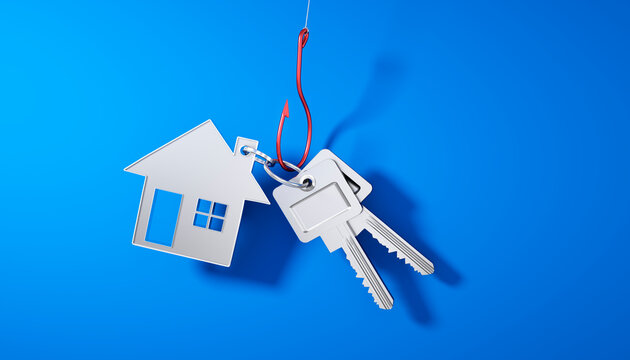 Key Hanging from a Fishing Hook as a Concept for Security, Cybercrime, Phishing, or Data Risk on blue background