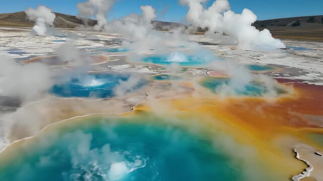 Rainbow-colored geothermal pools with rising steam in a volcanic landscape, aerial drone shot of bubbling turquoise hot springs and mineral deposits, natural wonder exploration.
