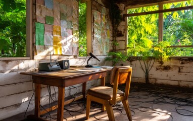 Fototapeta premium Abandoned Radio Broadcast Room in a Rural Setting Surrounded by Nature