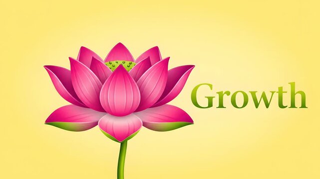 Pink lotus flower blooming animation with Growth text, vector floral opening on yellow background. Ideal for business expansion, spiritual development, and wellness concepts.