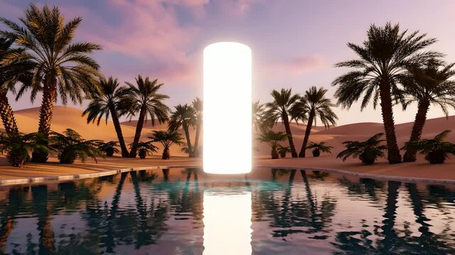 Glowing white monolith floating over a desert oasis pool at sunset, surreal palm tree landscape with water reflections, tranquil sci-fi scene for meditation and spiritual themes.